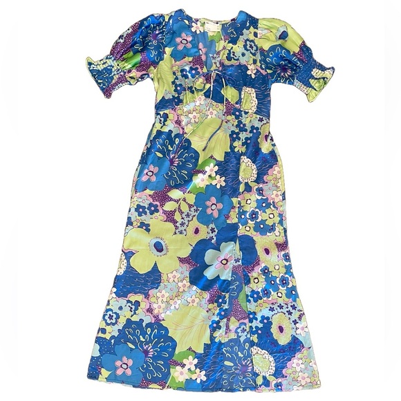 ASOS | Petite Satin Midi Tea Dress 8P Blue Green Abstract Floral Print - Picture 5 of 15